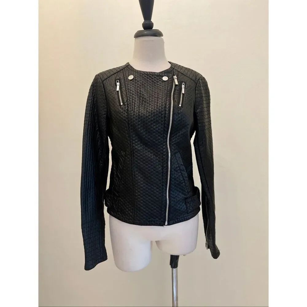 Karl Lagerfeld Women's Faux Leather Asymmetrical Zipper Moto Jacket Black Small